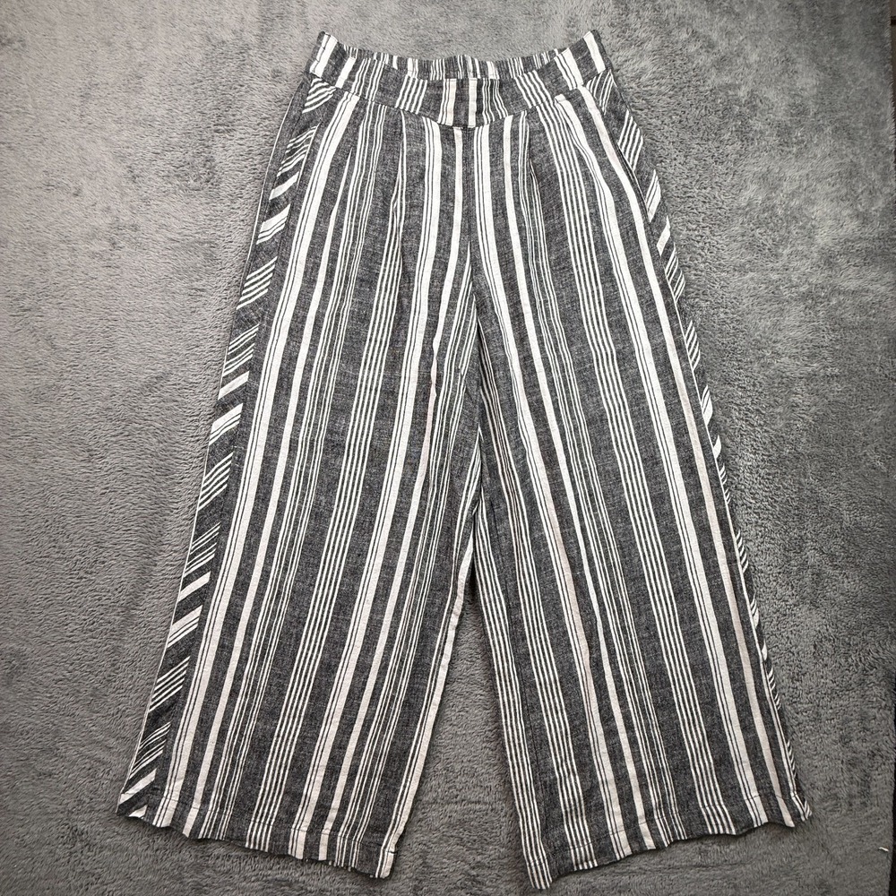 Tribal Jeans Wide Leg Cropped Pull On Pants Striped Linen Blend M Elastic Waist